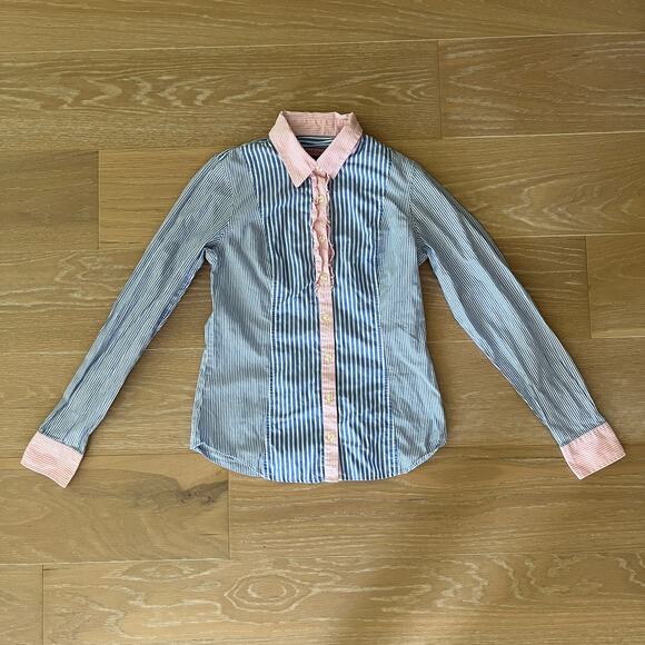 Vineyard Vines Blue White Stripe Pink Trim Ruffle Button Front Shirt Size 2 - Picture 1 of 4